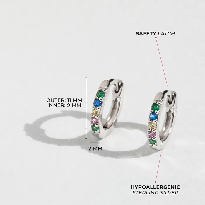 Kids Hoop Earrings Colorful CZ Gem 9mm Baby Toddler Kids Earrings HoopHuggie Safety Latch Sterling Silver Earrings