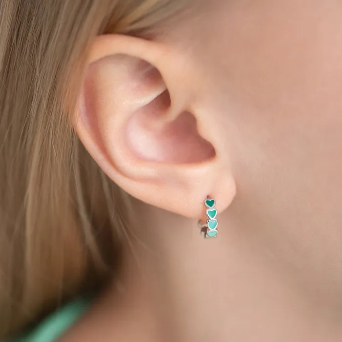 Kids Hoop Earrings Heart Cascade 9mm Toddler Kids Earrings HoopHuggie Enamel Safety Latch Sterling Silver Earrings