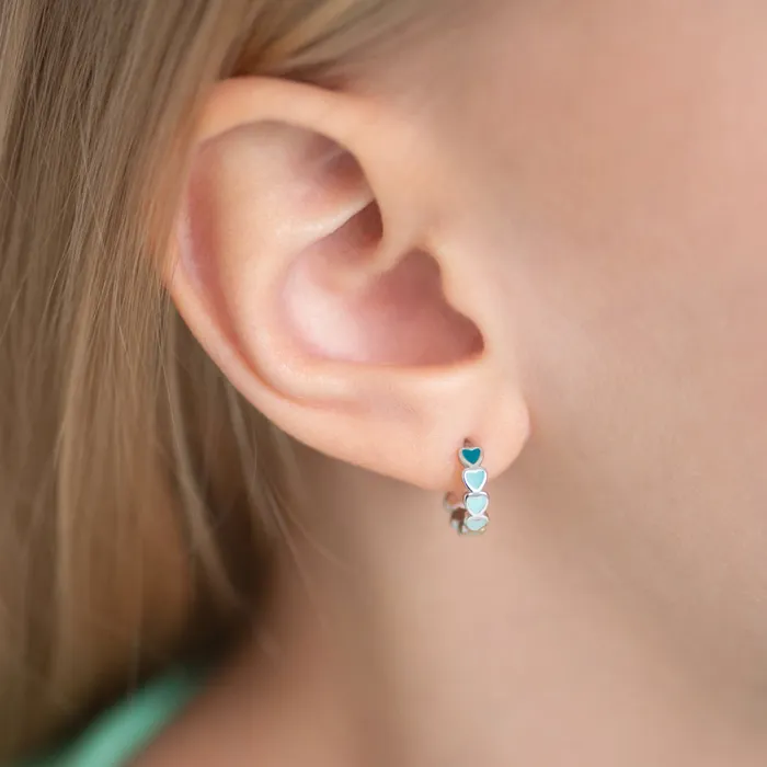 Kids Hoop Earrings Heart Cascade 9mm Toddler Kids Earrings HoopHuggie Enamel Safety Latch Sterling Silver Earrings