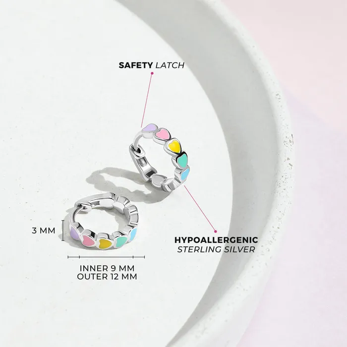 Kids Hoop Earrings Heart Cascade 9mm Toddler Kids Earrings HoopHuggie Enamel Safety Latch Sterling Silver Earrings