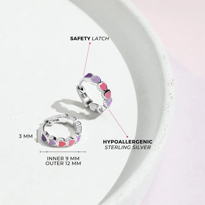 Kids Hoop Earrings Heart Cascade 9mm Toddler Kids Earrings HoopHuggie Enamel Safety Latch Sterling Silver Earrings