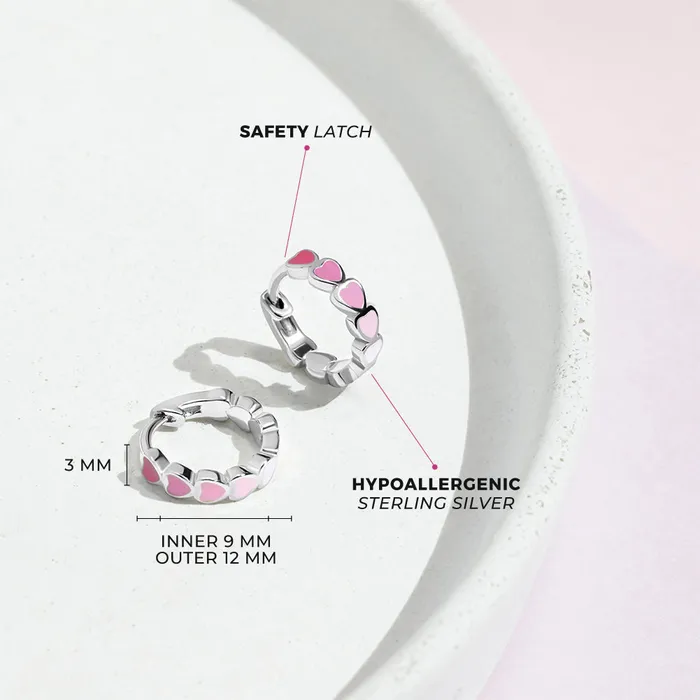 Kids Hoop Earrings Heart Cascade 9mm Toddler Kids Earrings HoopHuggie Enamel Safety Latch Sterling Silver Earrings