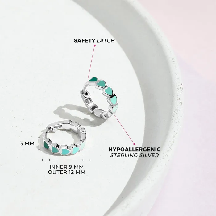 Kids Hoop Earrings Heart Cascade 9mm Toddler Kids Earrings HoopHuggie Enamel Safety Latch Sterling Silver Earrings