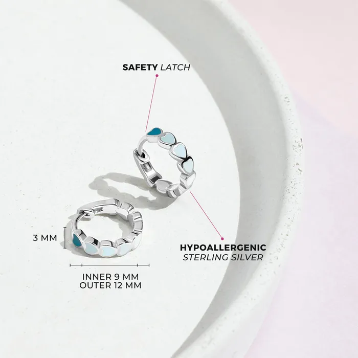 Kids Hoop Earrings Heart Cascade 9mm Toddler Kids Earrings HoopHuggie Enamel Safety Latch Sterling Silver Earrings