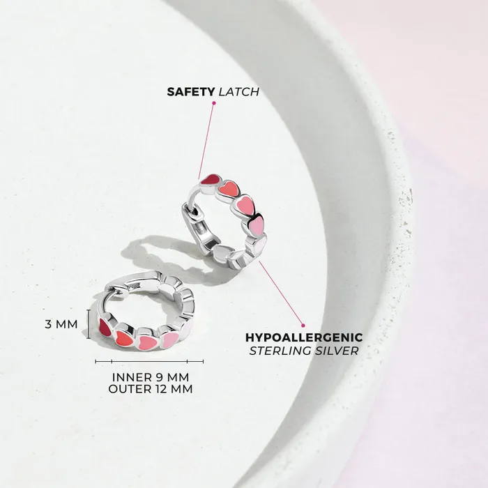 Kids Hoop Earrings Heart Cascade 9mm Toddler Kids Earrings HoopHuggie Enamel Safety Latch Sterling Silver Earrings