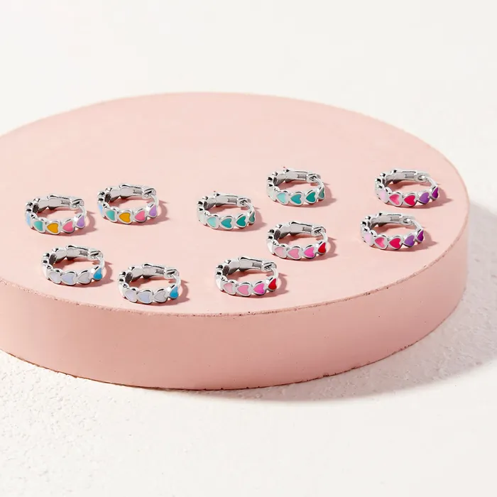 Kids Hoop Earrings Heart Cascade 9mm Toddler Kids Earrings HoopHuggie Enamel Safety Latch Sterling Silver Earrings