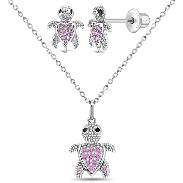 Kids Jewelry Sets Necklaces 925 Sterling Silver Pink Cubic Zirconia Turtle Necklace Jewelry Set For Girls Kids Jewelry Sets Necklaces 925 Sterling Silver Pink Cubic Zirconia Turtle Necklace Jewelry Set For Girls