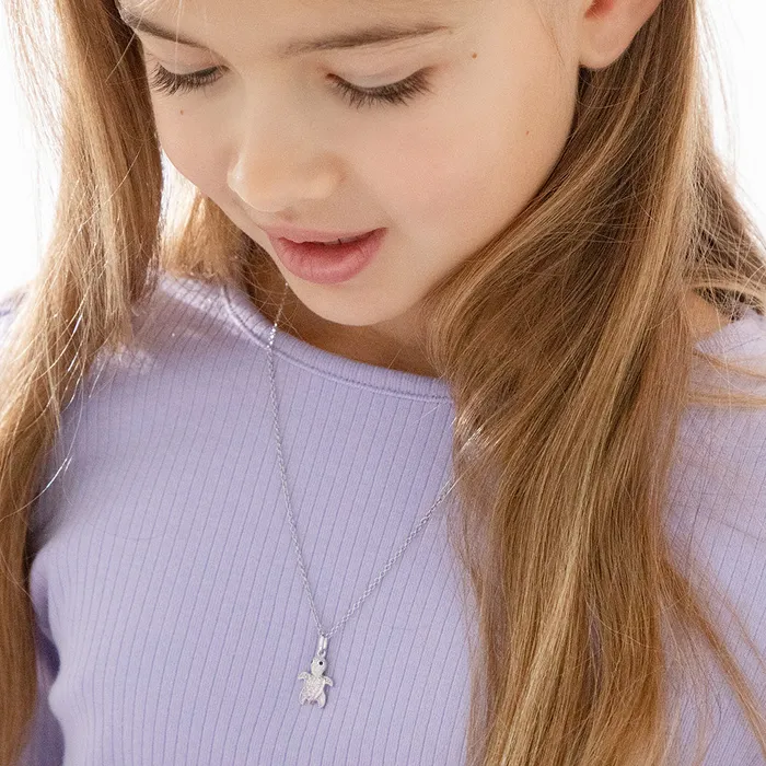 Kids Jewelry Sets Necklaces 925 Sterling Silver Pink Cubic Zirconia Turtle Necklace Jewelry Set For Girls