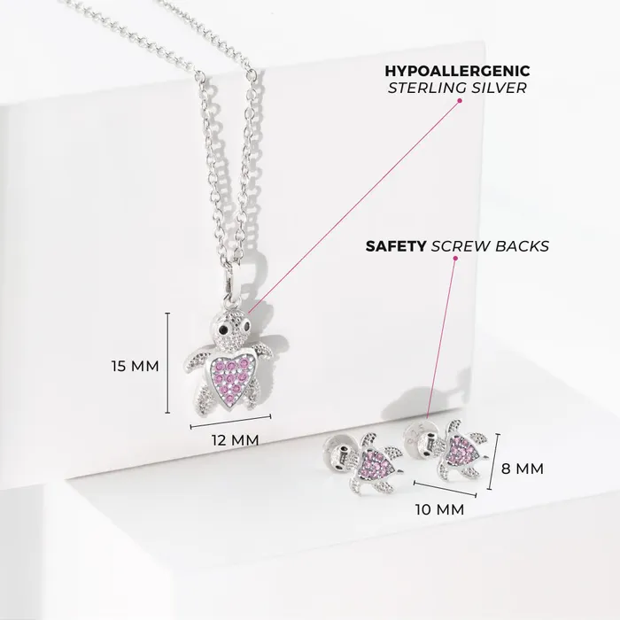 Kids Jewelry Sets Necklaces 925 Sterling Silver Pink Cubic Zirconia Turtle Necklace Jewelry Set For Girls