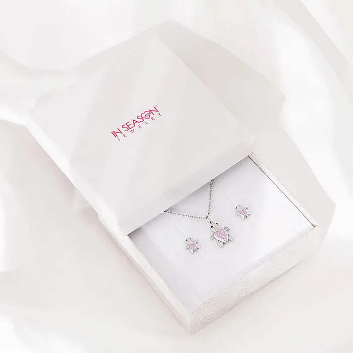 Kids Jewelry Sets Necklaces 925 Sterling Silver Pink Cubic Zirconia Turtle Necklace Jewelry Set For Girls