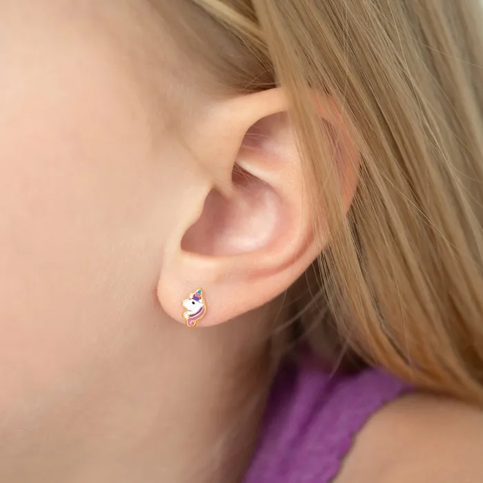 Kids Screw Back Earrings Earrings 14k Gold Pastel Unicorn Baby Toddler Kids Earrings Safety Screw Back Enamel