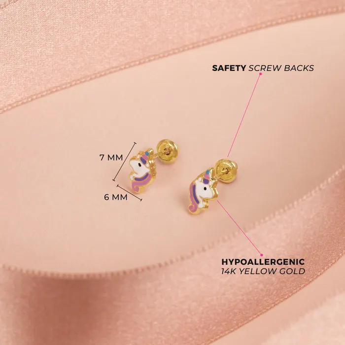 Kids Screw Back Earrings Earrings 14k Gold Pastel Unicorn Baby Toddler Kids Earrings Safety Screw Back Enamel
