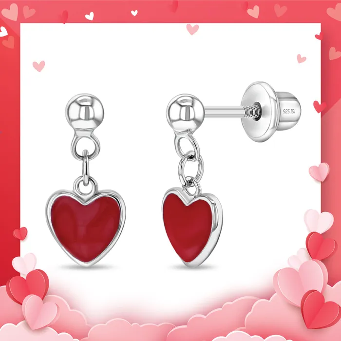 Lovely Heart Dangle Red Kids Childrens Girls Earrings Screw Back Enamel Sterling Silver PPLRHIDDENPRODUCT Earrings