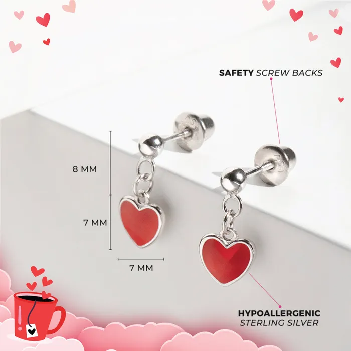 Lovely Heart Dangle Red Kids Childrens Girls Earrings Screw Back Enamel Sterling Silver PPLRHIDDENPRODUCT Earrings