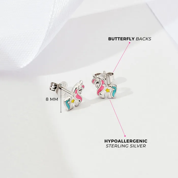 Miss Unicorn Kids Childrens Girls Earrings Enamel Sterling Silver Kids Stud Earrings Earrings