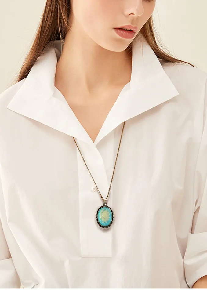Necklaces Alilang Antique Vintage Suede Green Enamel Rose Oval Pendant Necklace Necklaces Alilang Antique Vintage Suede Green Enamel Rose Oval Pendant Necklace