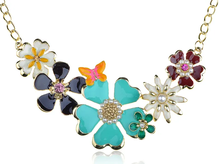 Necklaces Enamel Flower And Butterfly Bib Statement Necklace Pearl Alilang