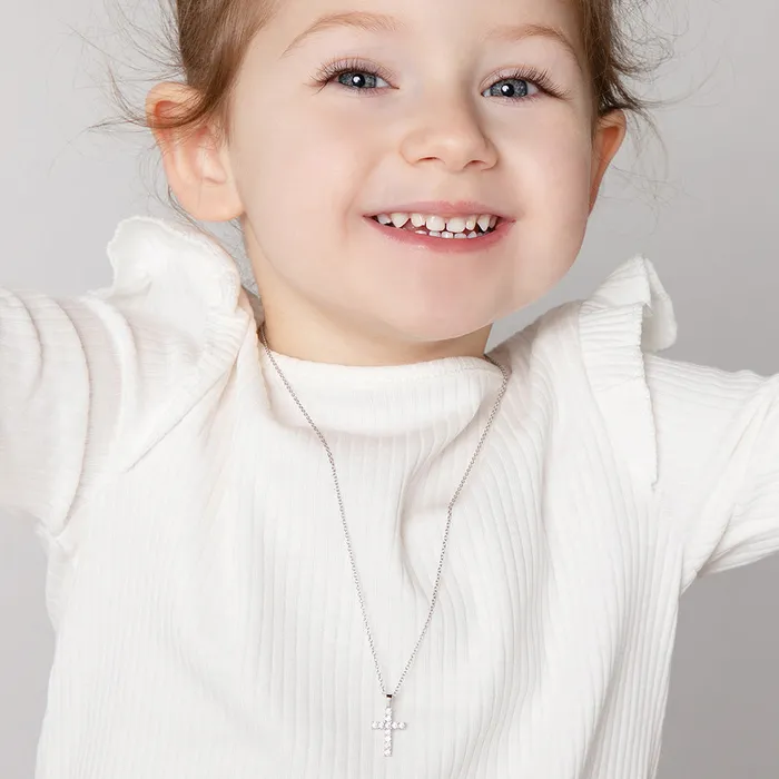Necklaces Kids Necklaces Pendants CZ Cross 16mm ToddlerKidsGirls Necklace Religious Sterling Silver