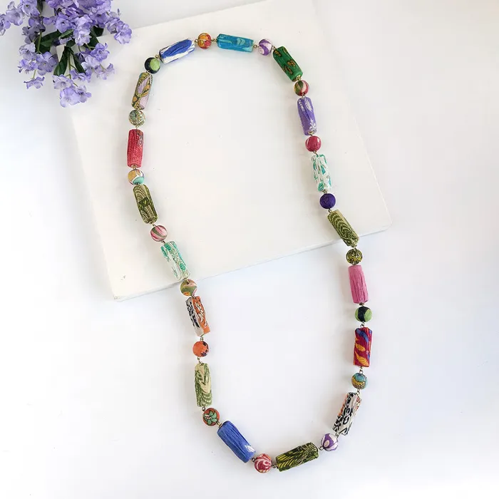 Necklaces WorldFinds Cylindrical Kantha Long Necklace