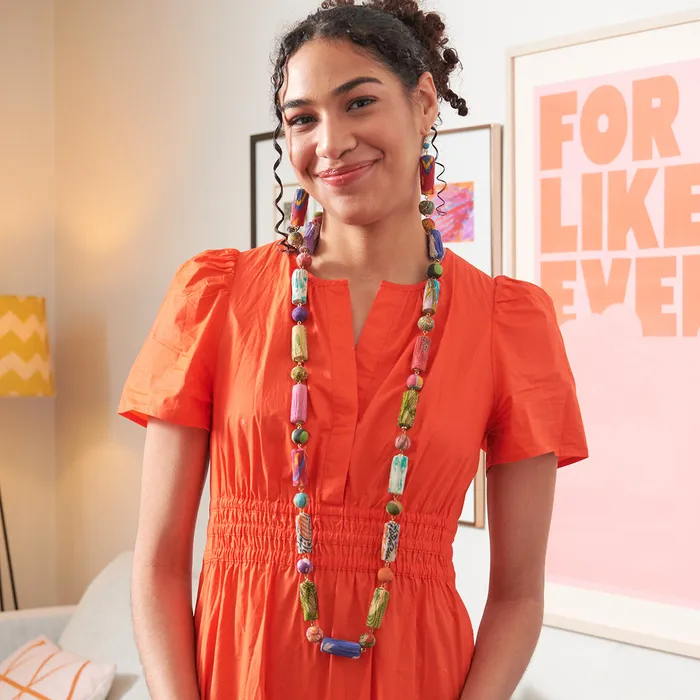 Necklaces WorldFinds Cylindrical Kantha Long Necklace