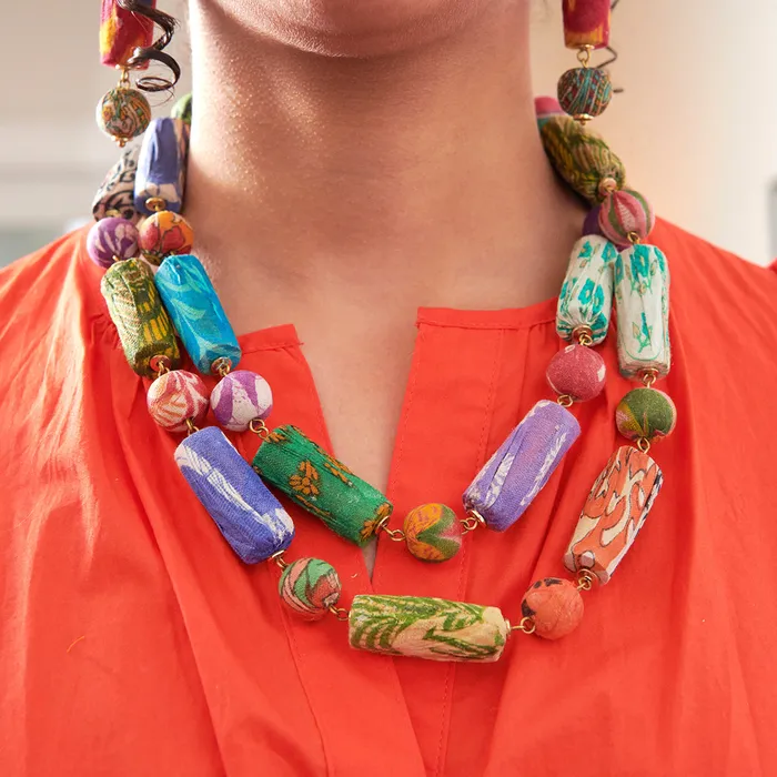 Necklaces WorldFinds Cylindrical Kantha Long Necklace