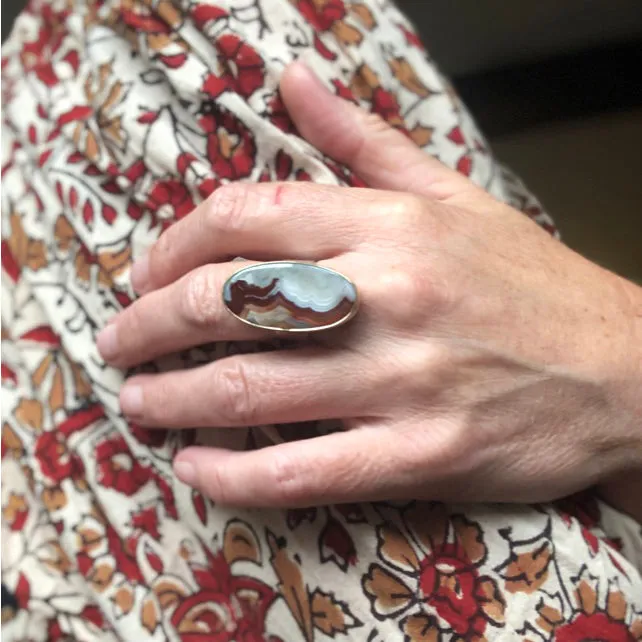 Rings aliceeden Mexican Lace Agate Oval Gemstone Ring Set in 9ct Gold JOY