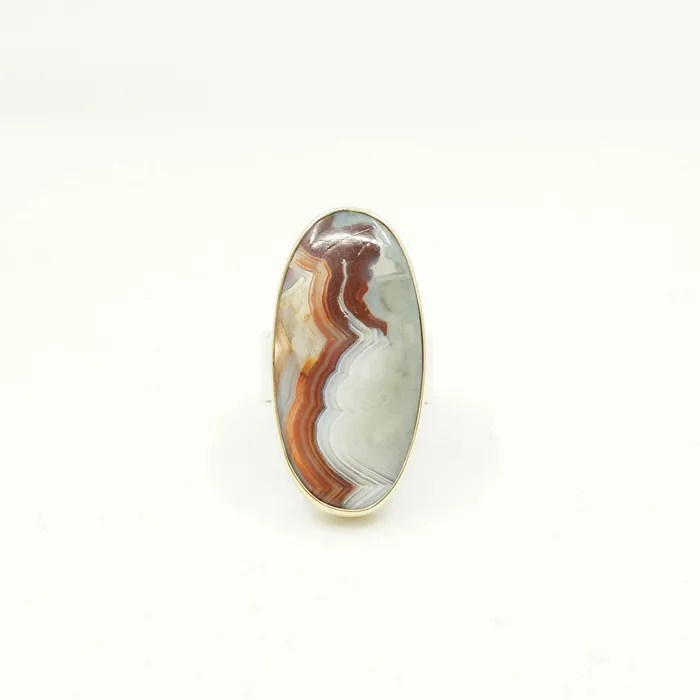 Rings aliceeden Mexican Lace Agate Oval Gemstone Ring Set in 9ct Gold JOY