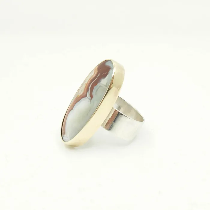 Rings aliceeden Mexican Lace Agate Oval Gemstone Ring Set in 9ct Gold JOY