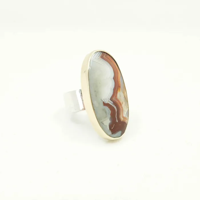 Rings aliceeden Mexican Lace Agate Oval Gemstone Ring Set in 9ct Gold JOY