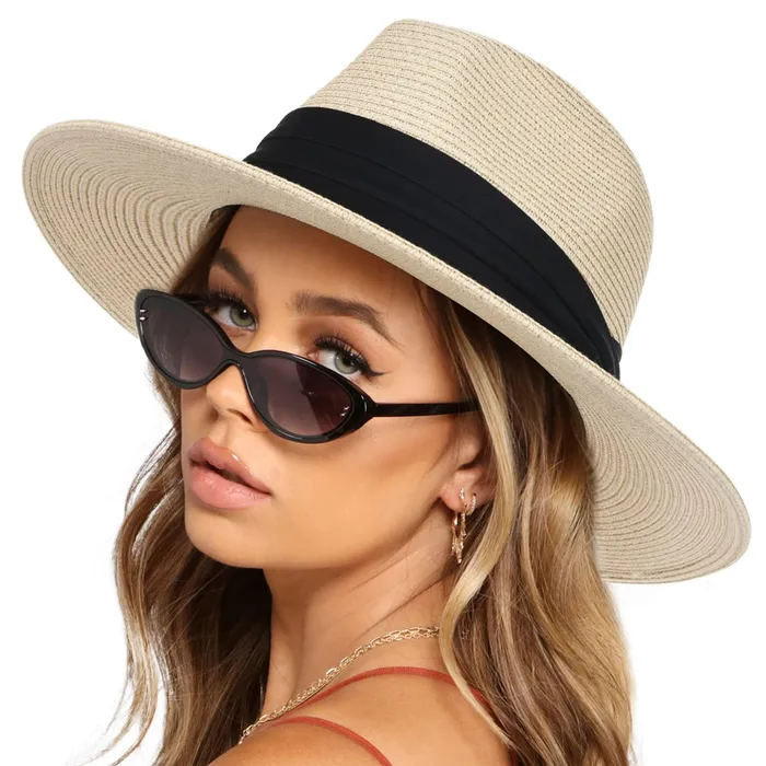Rings Refined by AnnaKaci Wide Brim Straw Fedora Sun Hat with Black Band Lightweight Packable Summer Panama Hat for UV Protection
