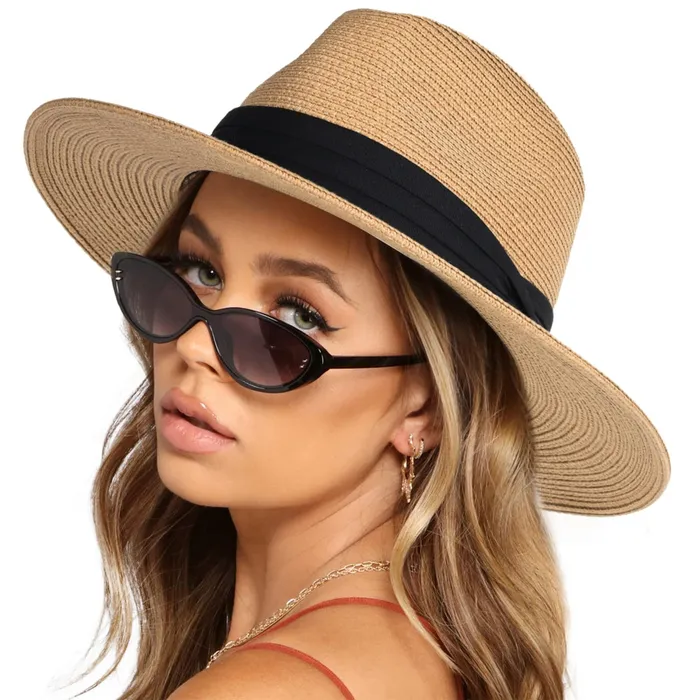 Rings Refined by AnnaKaci Wide Brim Straw Fedora Sun Hat with Black Band Lightweight Packable Summer Panama Hat for UV Protection