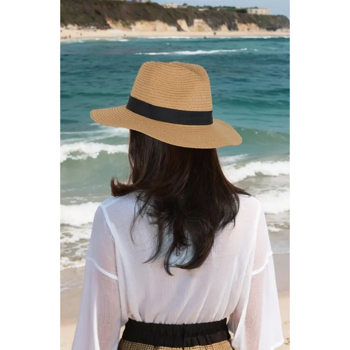 Rings Refined by AnnaKaci Wide Brim Straw Fedora Sun Hat with Black Band Lightweight Packable Summer Panama Hat for UV Protection