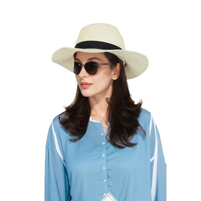 Rings Refined by AnnaKaci Wide Brim Straw Fedora Sun Hat with Black Band Lightweight Packable Summer Panama Hat for UV Protection