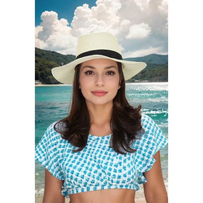 Rings Refined by AnnaKaci Wide Brim Straw Fedora Sun Hat with Black Band Lightweight Packable Summer Panama Hat for UV Protection