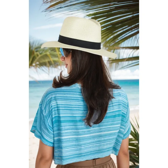 Rings Refined by AnnaKaci Wide Brim Straw Fedora Sun Hat with Black Band Lightweight Packable Summer Panama Hat for UV Protection