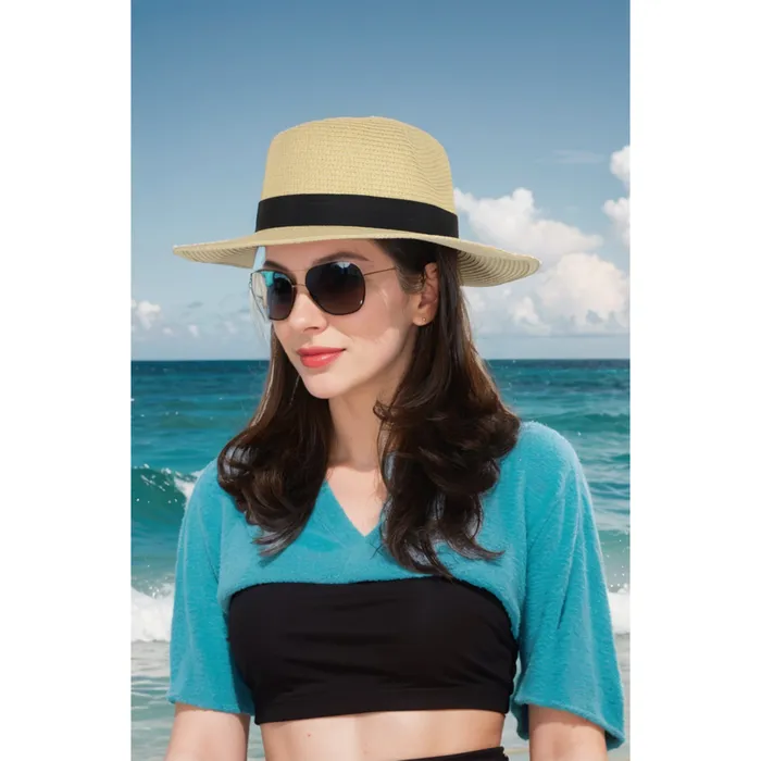Rings Refined by AnnaKaci Wide Brim Straw Fedora Sun Hat with Black Band Lightweight Packable Summer Panama Hat for UV Protection