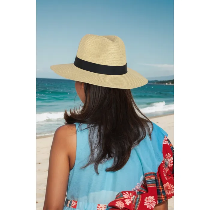 Rings Refined by AnnaKaci Wide Brim Straw Fedora Sun Hat with Black Band Lightweight Packable Summer Panama Hat for UV Protection