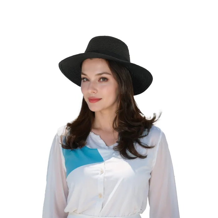 Rings Refined by AnnaKaci Wide Brim Straw Fedora Sun Hat with Black Band Lightweight Packable Summer Panama Hat for UV Protection
