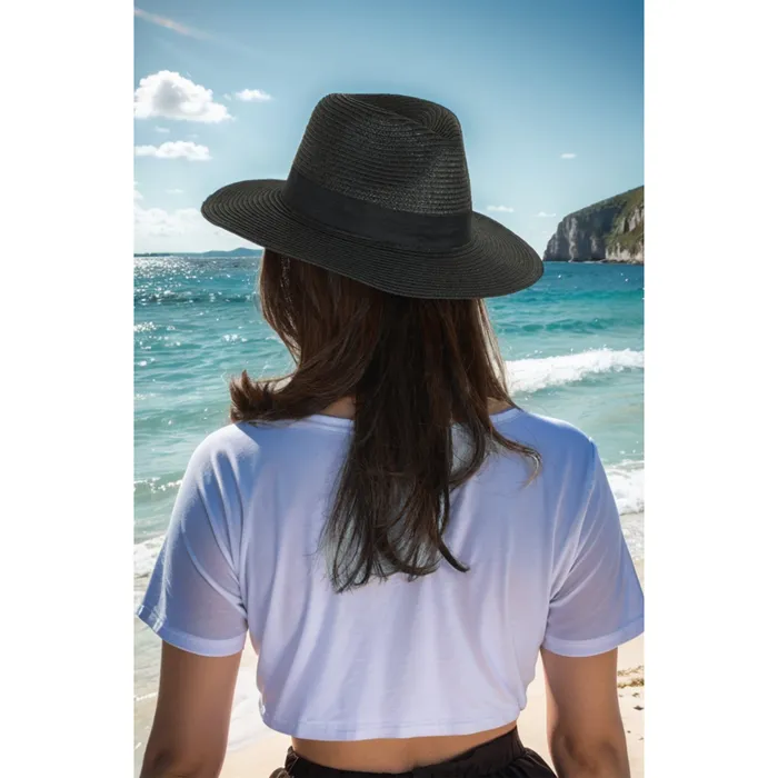 Rings Refined by AnnaKaci Wide Brim Straw Fedora Sun Hat with Black Band Lightweight Packable Summer Panama Hat for UV Protection