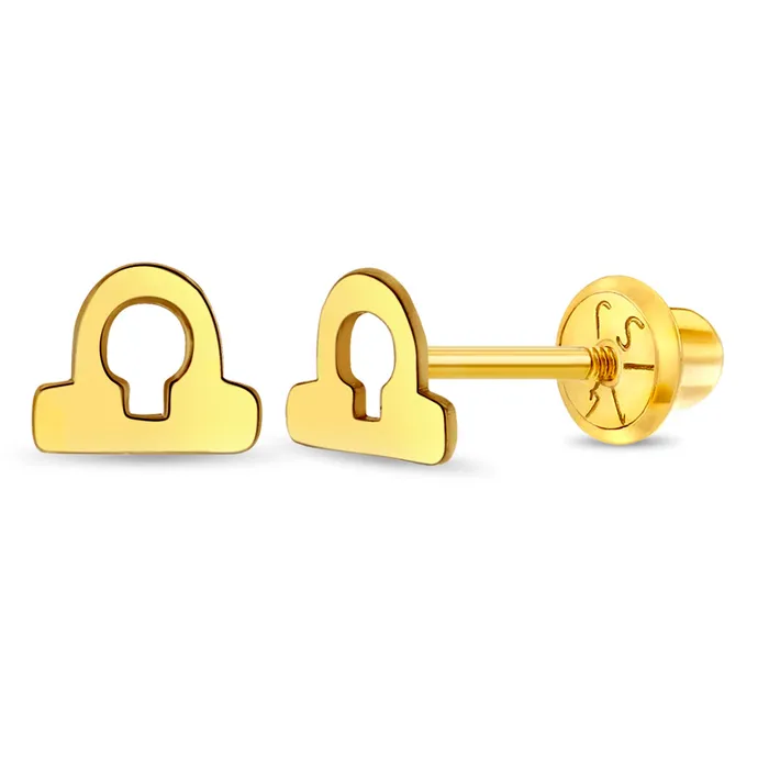 Split Earrings 14k Gold Dainty Libra Zodiac Baby Toddler Kids Earrings Safety Screw Back