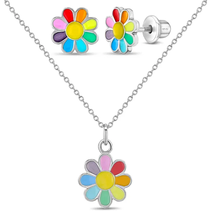 Teen Jewelry Sets Necklaces 925 Sterling Silver Rainbow Enamel Daisy Necklace Jewelry Set For Young Girls Teen Jewelry Sets Necklaces 925 Sterling Silver Rainbow Enamel Daisy Necklace Jewelry Set For Young Girls