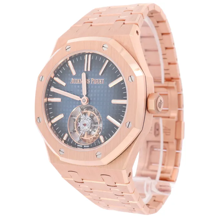 Watches Happy Jewelers Audemars Piguet Royal Oak Selfwinding Tourbillon 50th Anniversary 41mm Rose Gold Smoked Blue Tourbillon Dial Watch Reference 26730OROO1320OR01