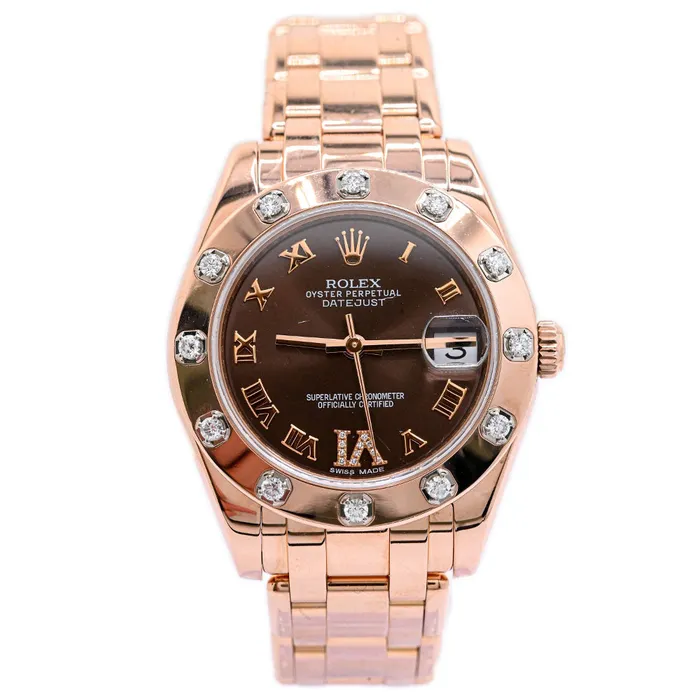 Watches Happy Jewelers Rolex Ladies Pearlmaster Rose Gold 34mm Chocolate Roman Diamond 6 Dial Watch Reference 81315