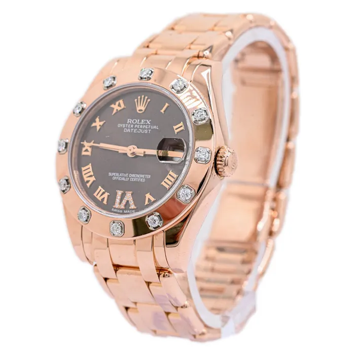 Watches Happy Jewelers Rolex Ladies Pearlmaster Rose Gold 34mm Chocolate Roman Diamond 6 Dial Watch Reference 81315